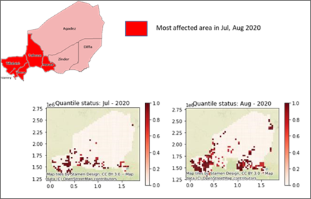 Anomalies of flooding in Niger during 2020 (red pixels)