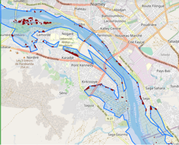 Local analysis with flood mask (blue) and building affected (red) 