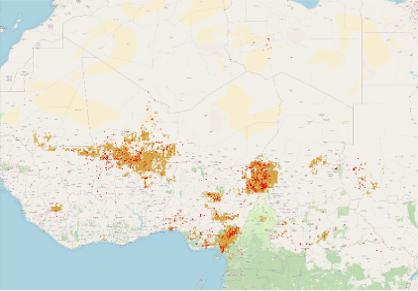 Predicted High risk conflicted areas (orange) and presence of conflicts (red)